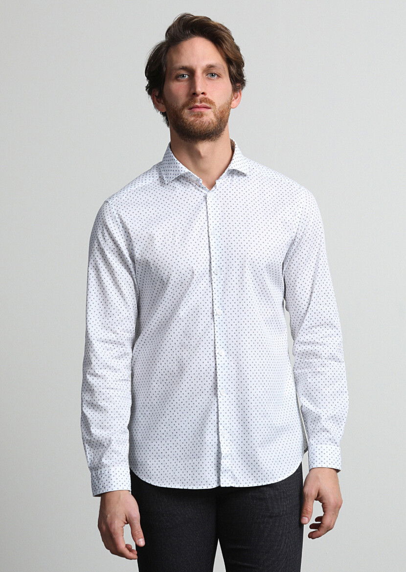 Lacivert Mikro Slim Fit Dokuma Casual %100 Pamuk Gömlek - 1