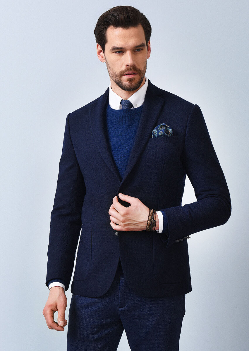 Lacivert Mikro Zeroweight Slim Fit Yün Karışımlı Ceket - 2
