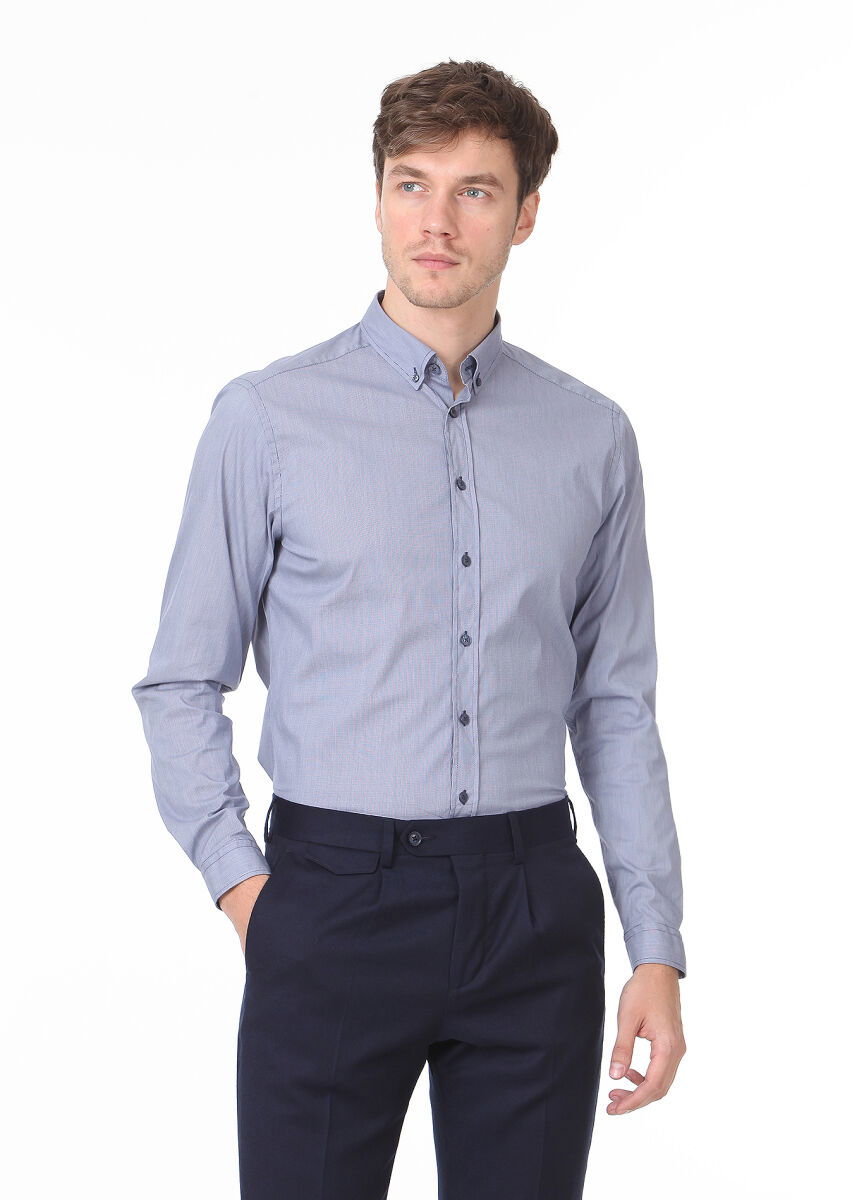 Lacivert Regular Fit Dokuma Casual %100 Pamuk Gömlek - 1