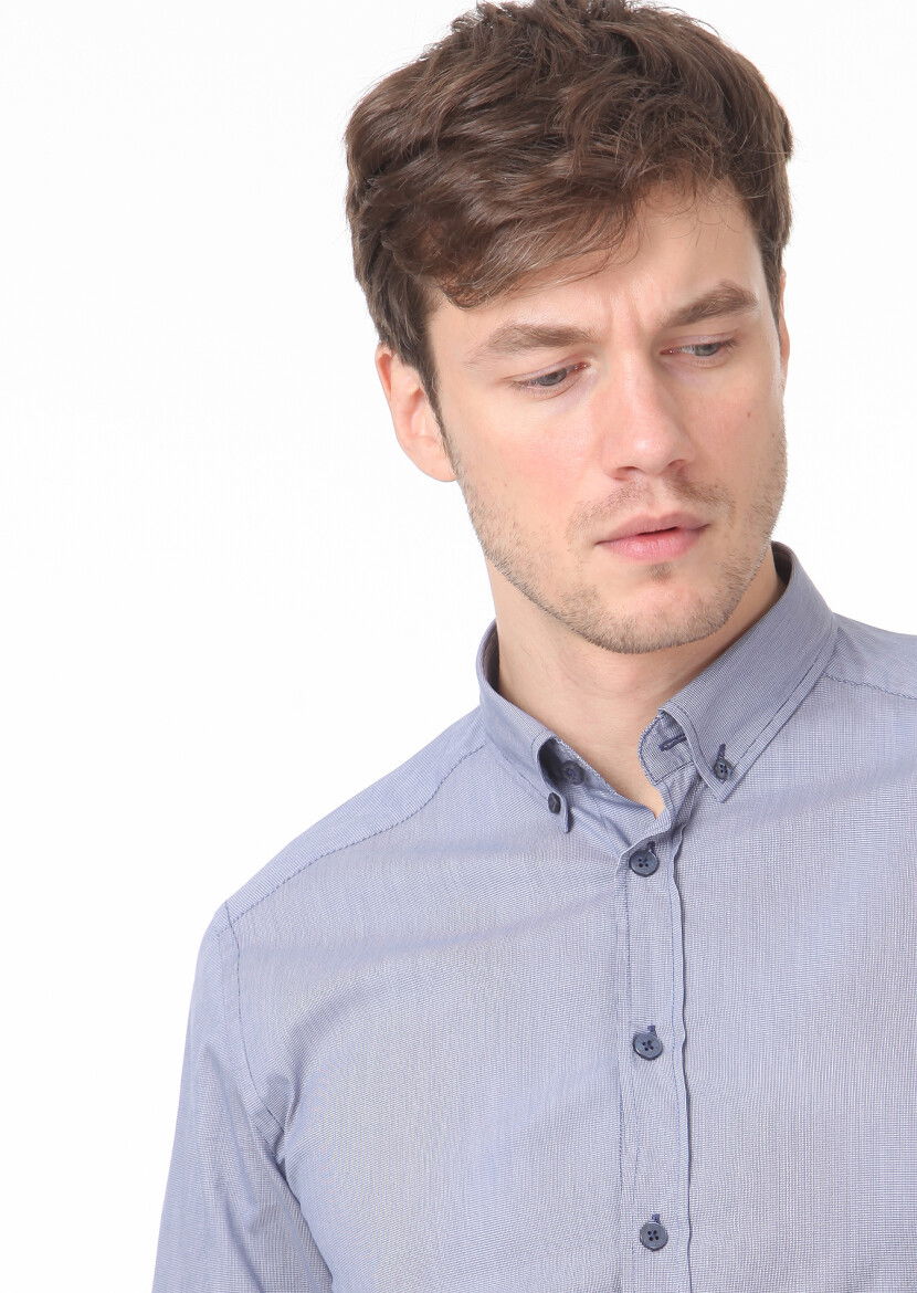 Lacivert Regular Fit Dokuma Casual %100 Pamuk Gömlek - 2