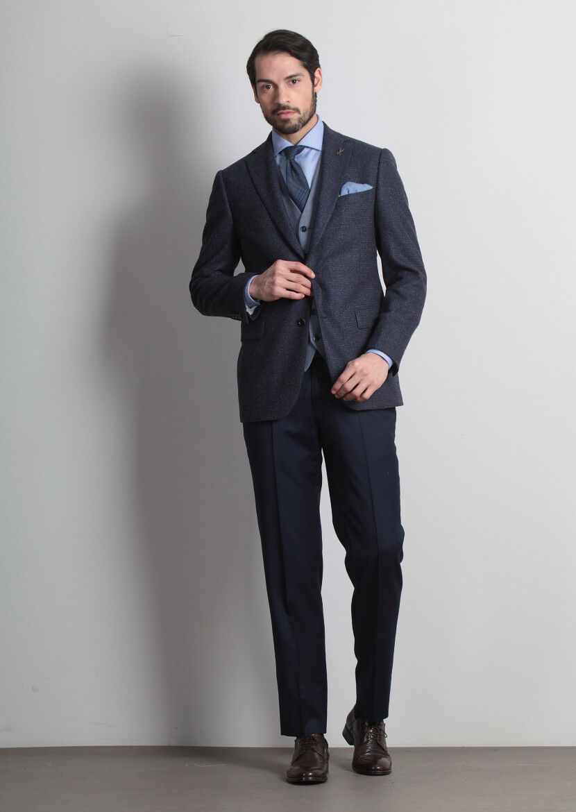 Lacivert Regular Fit Yün Karışımlı Ceket - 3