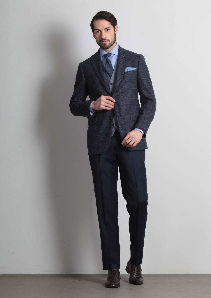 Lacivert Regular Fit Yün Karışımlı Ceket - 3
