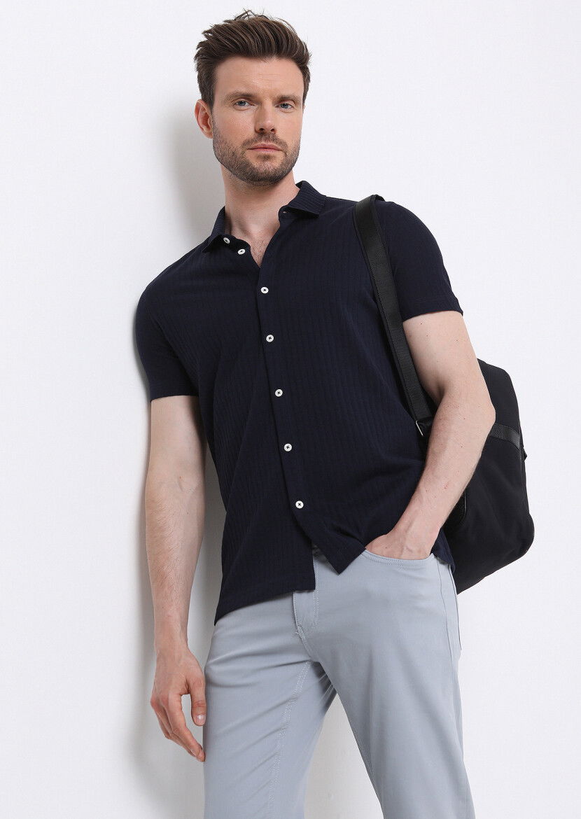 Lacivert Slim Fit Casual %100 Pamuk Gömlek 