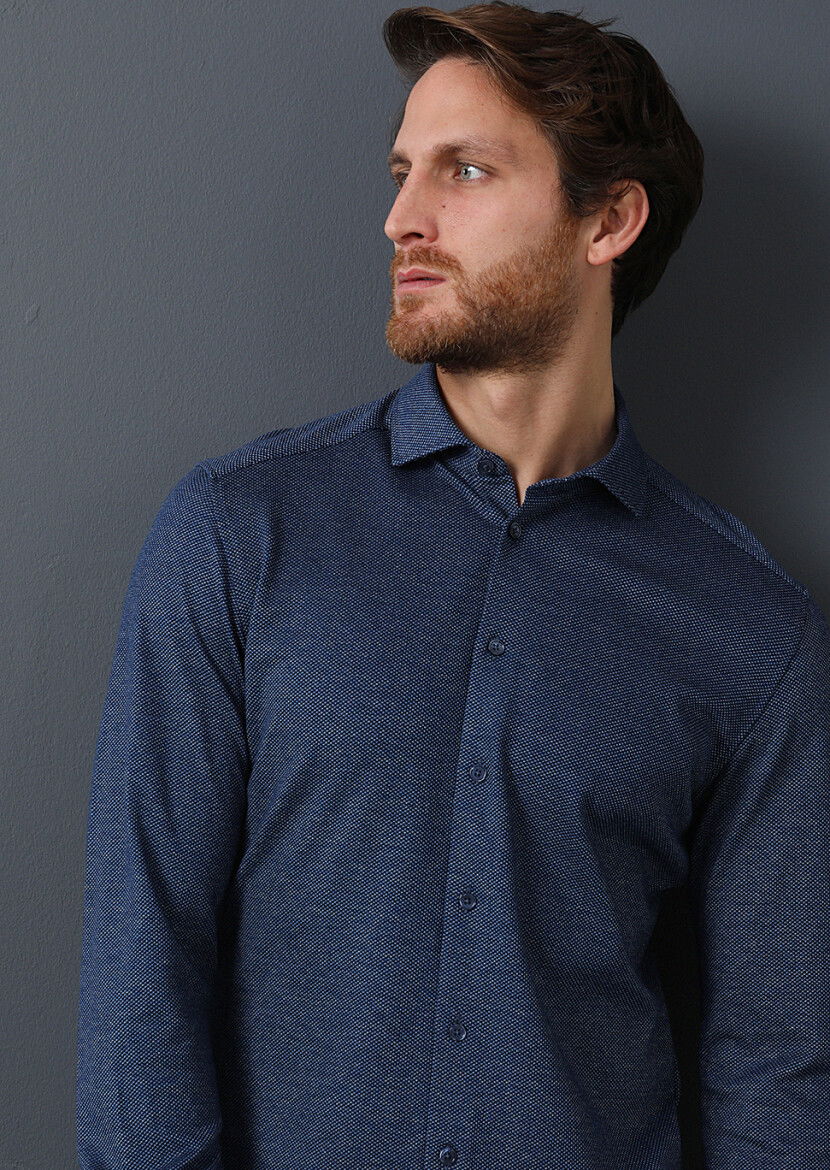 Lacivert Slim Fit Casual Pamuk Karışımlı Gömlek - 1