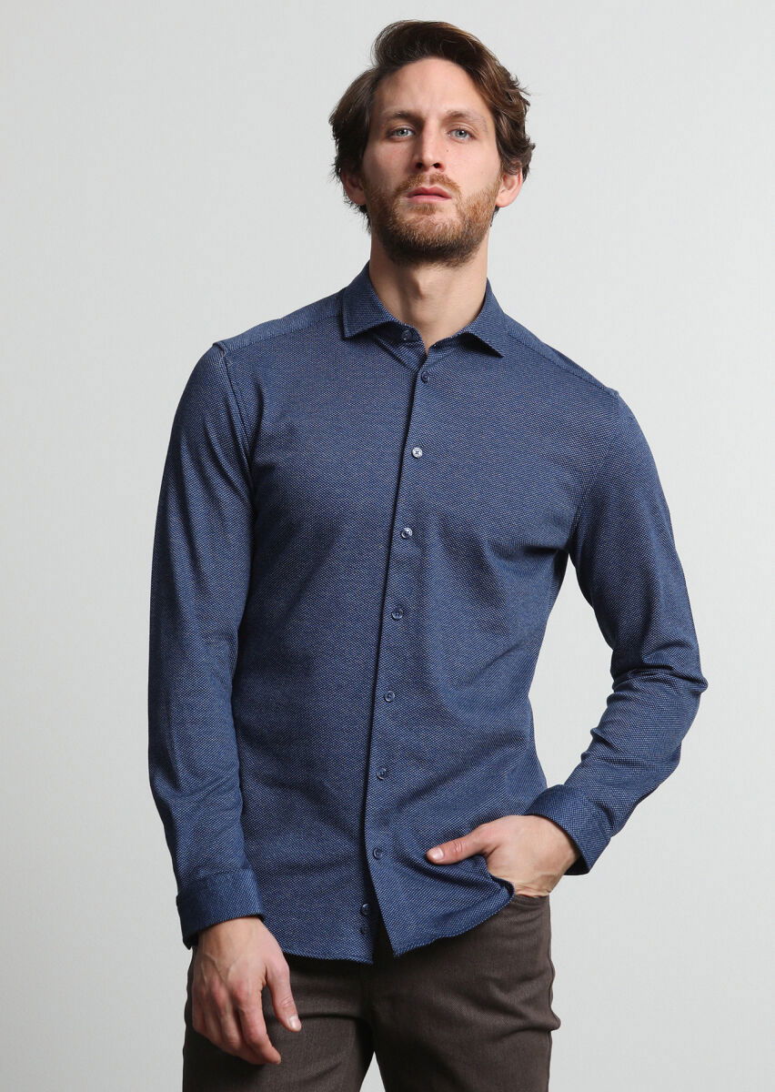 Lacivert Slim Fit Casual Pamuk Karışımlı Gömlek - 2