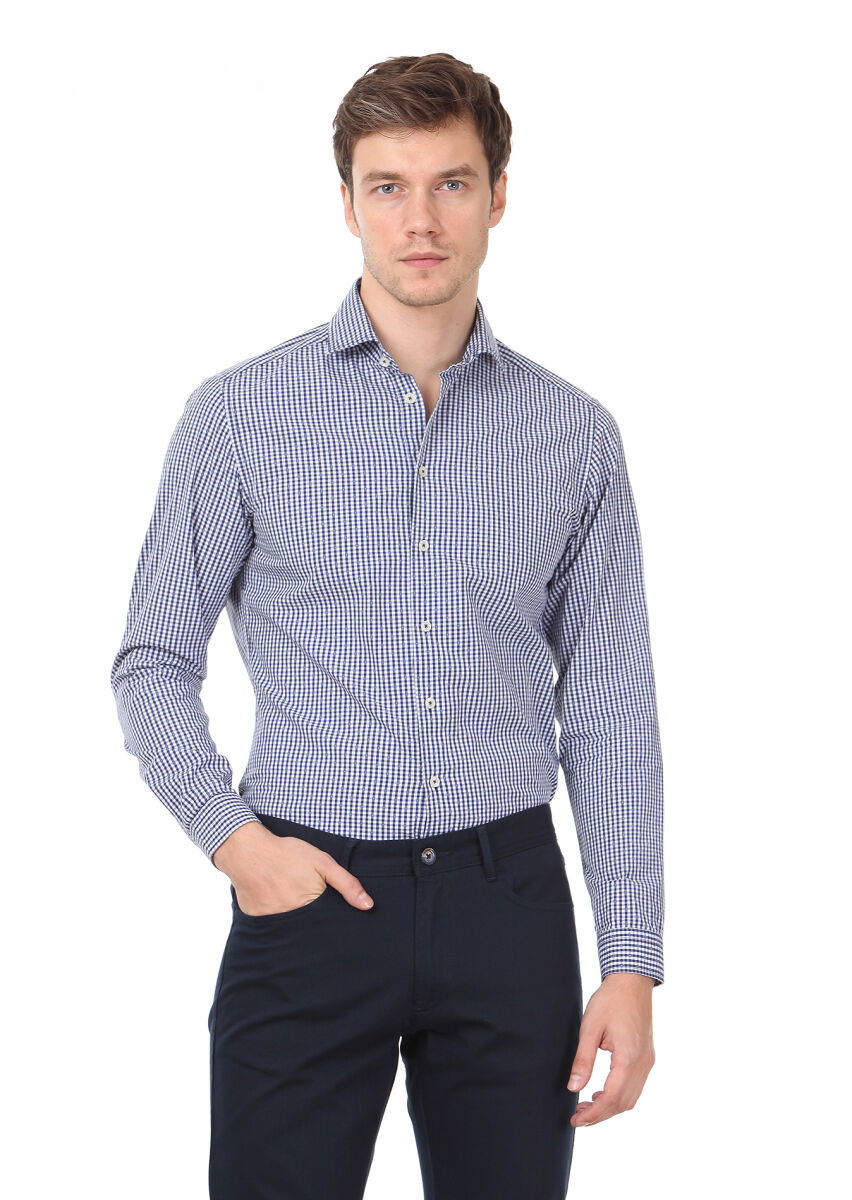Lacivert Slim Fit Dokuma Casual %100 Pamuk Gömlek - 1