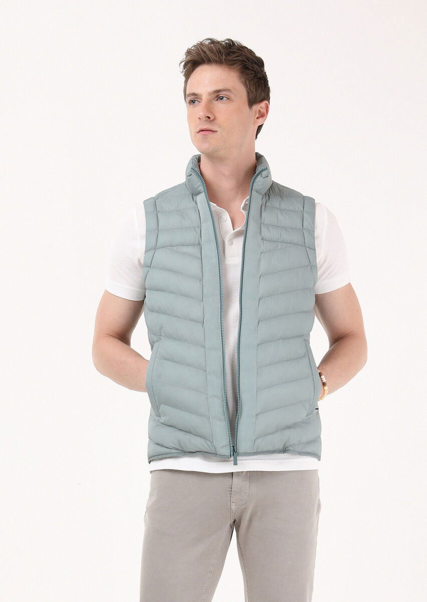 Light Green Puffer Weaving Puffer Vest - 1