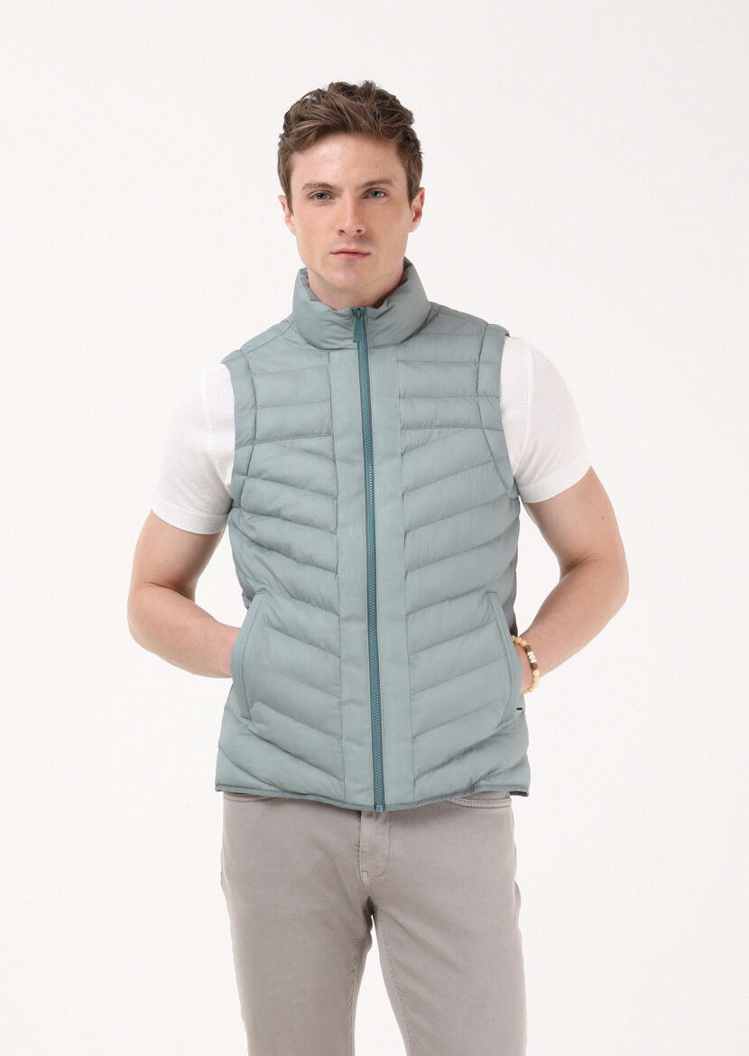 Light Green Puffer Weaving Puffer Vest - 2
