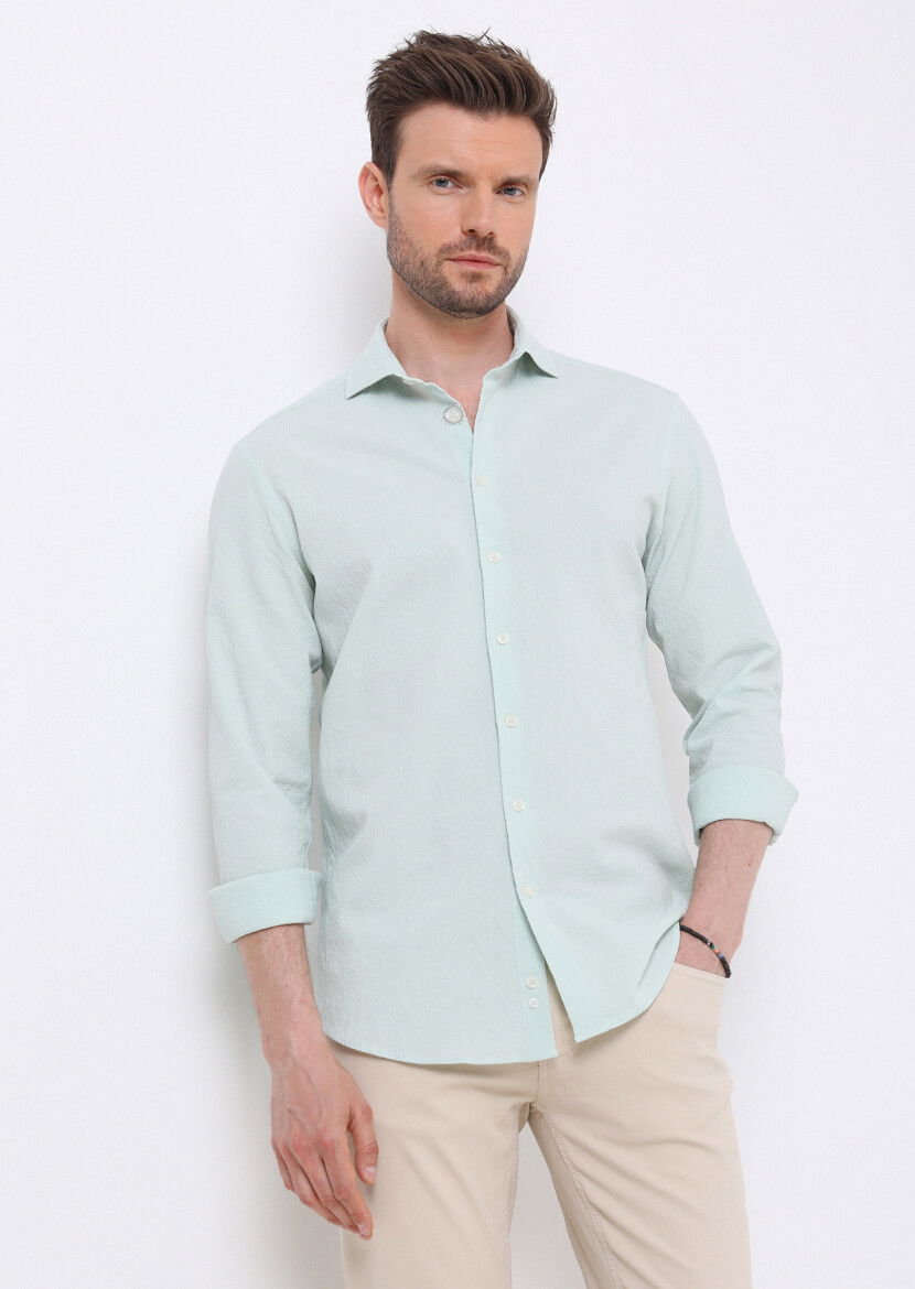 Light Green Slim Fit Weaving Casual Cotton Blended Shirt 