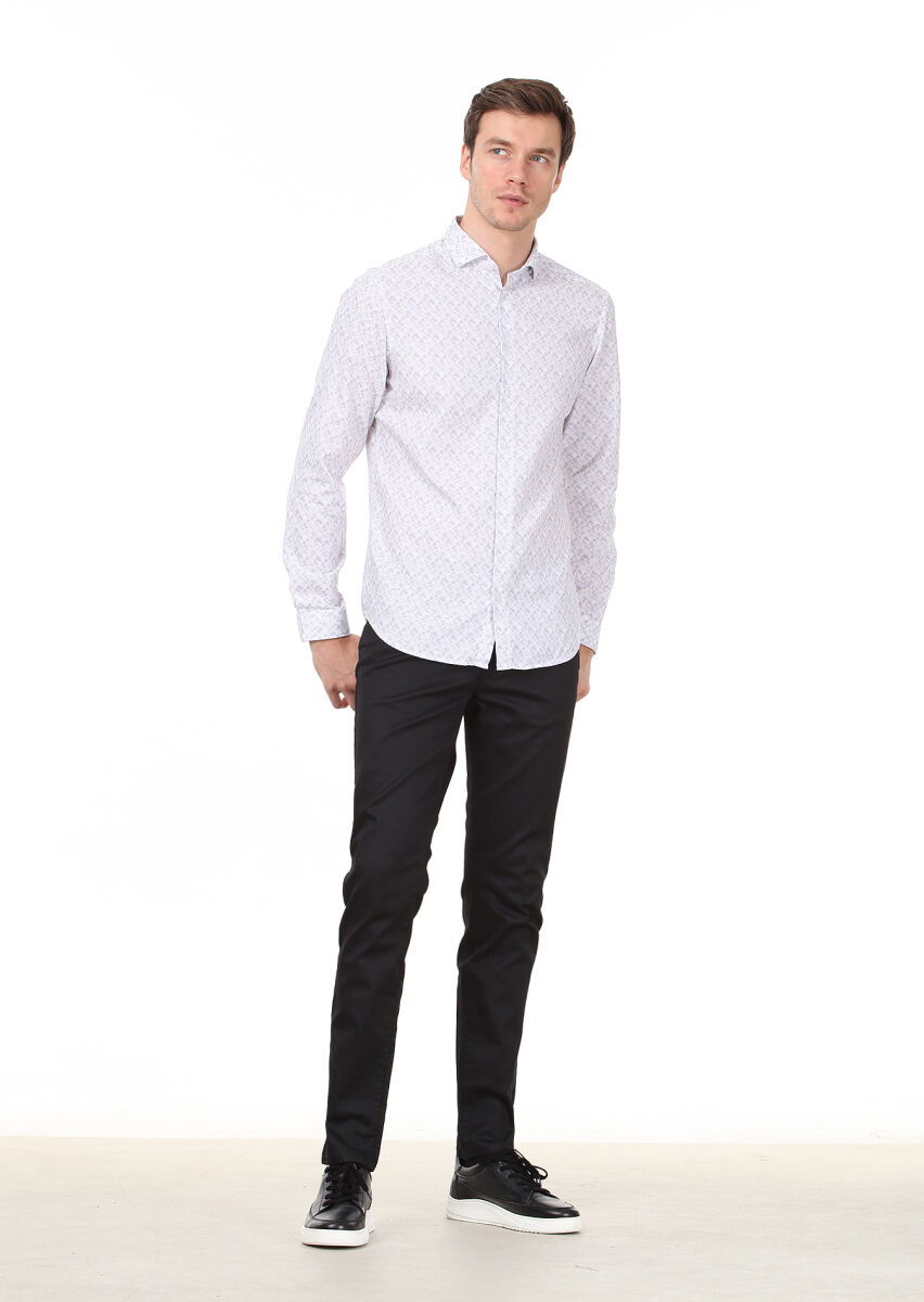 Lila Baskılı Slim Fit Dokuma Casual %100 Pamuk Gömlek - 3