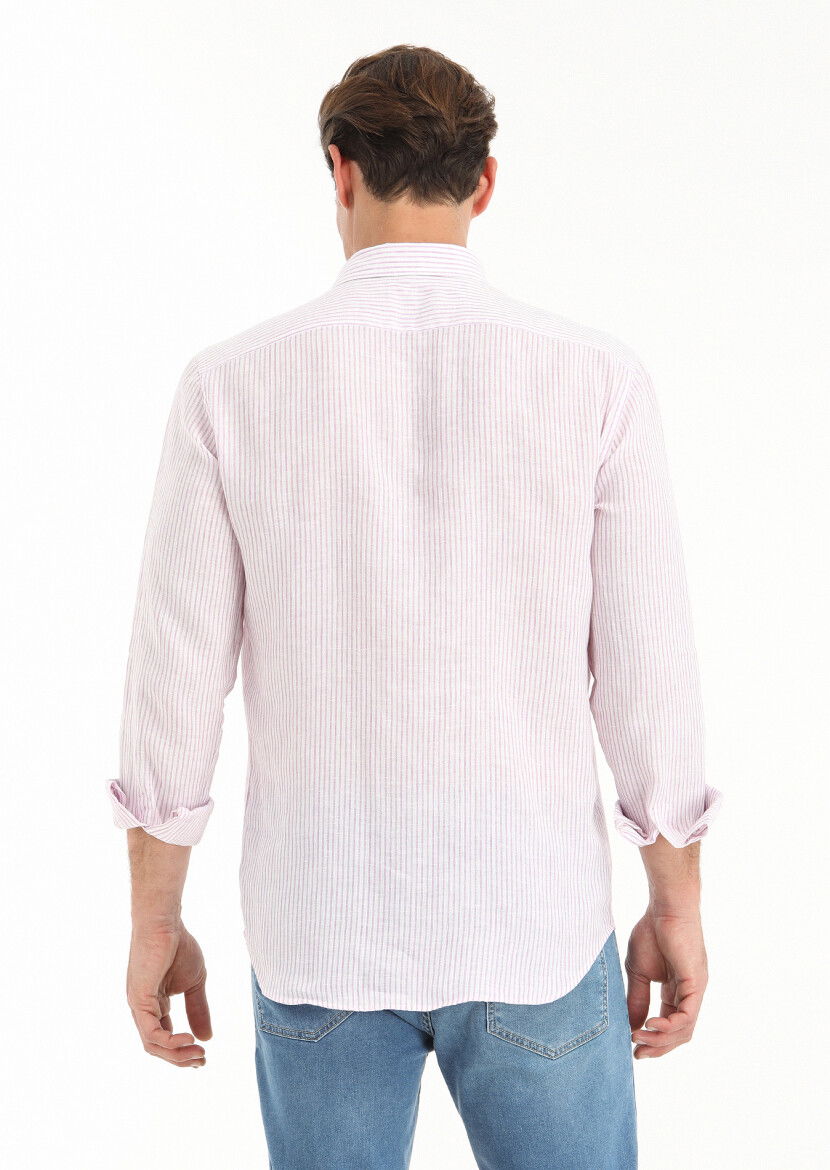 Lila Çizgili Regular Fit Dokuma Casual %100 Keten Gömlek - 4