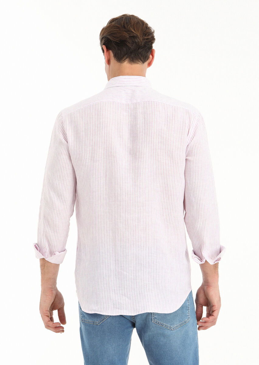 Lila Çizgili Regular Fit Dokuma Casual %100 Keten Gömlek - 4