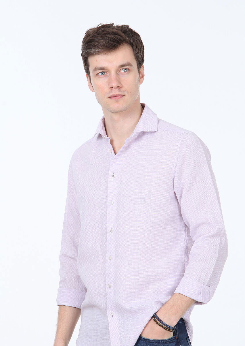 Lila Çizgili Regular Fit Dokuma Casual Pamuk Karışımlı Gömlek - 3