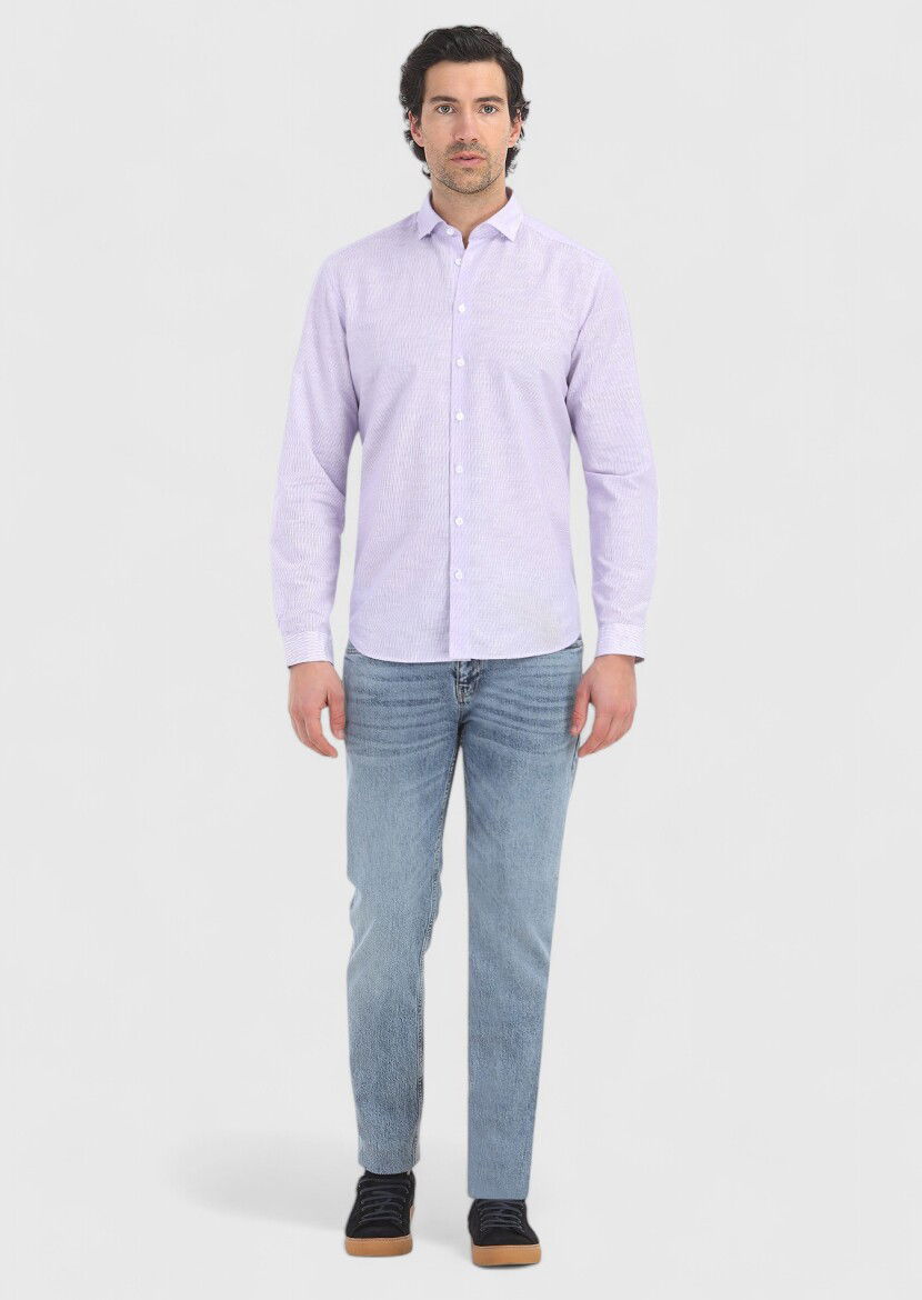 Lila Çizgili Regular Fit Dokuma Casual Pamuk Karışımlı Gömlek - 1