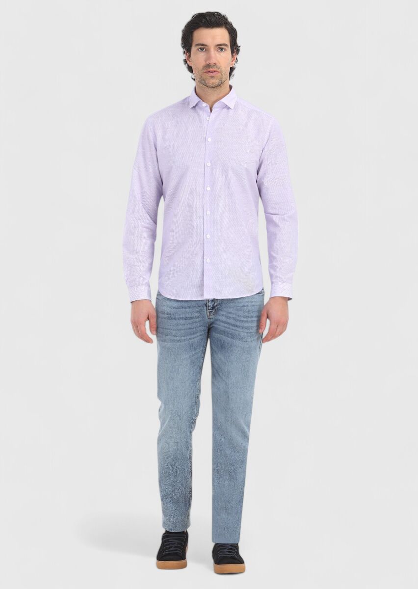 Lila Çizgili Regular Fit Dokuma Casual Pamuk Karışımlı Gömlek - 1