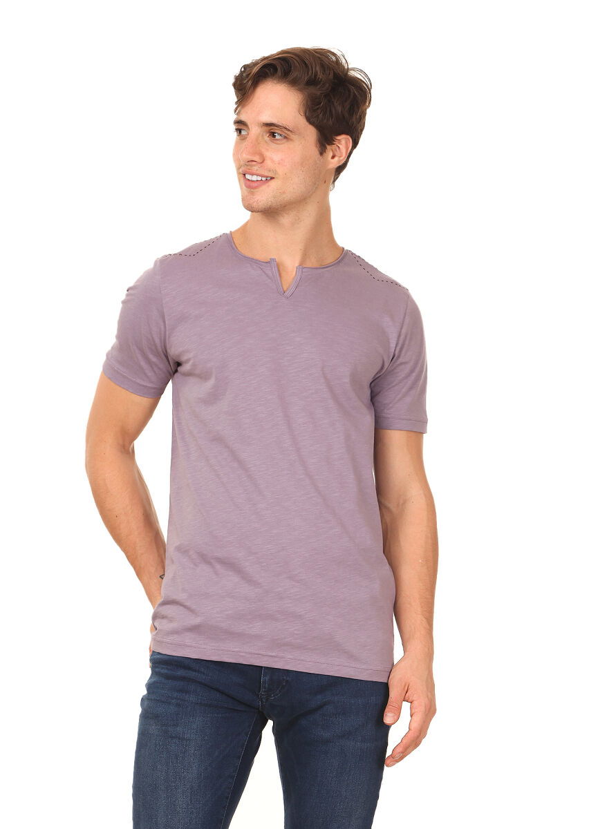 Lila Düz %100 Pamuk T-Shirt - 1