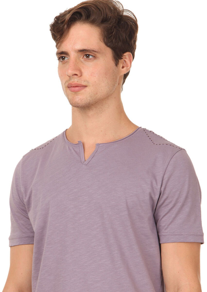 Lila Düz %100 Pamuk T-Shirt - 2