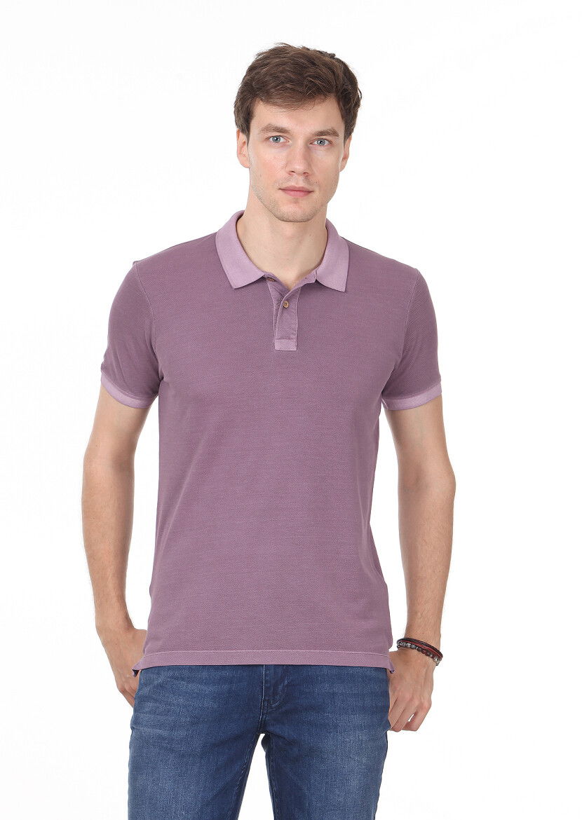Lila Düz Polo Yaka %100 Pamuk T-Shirt 