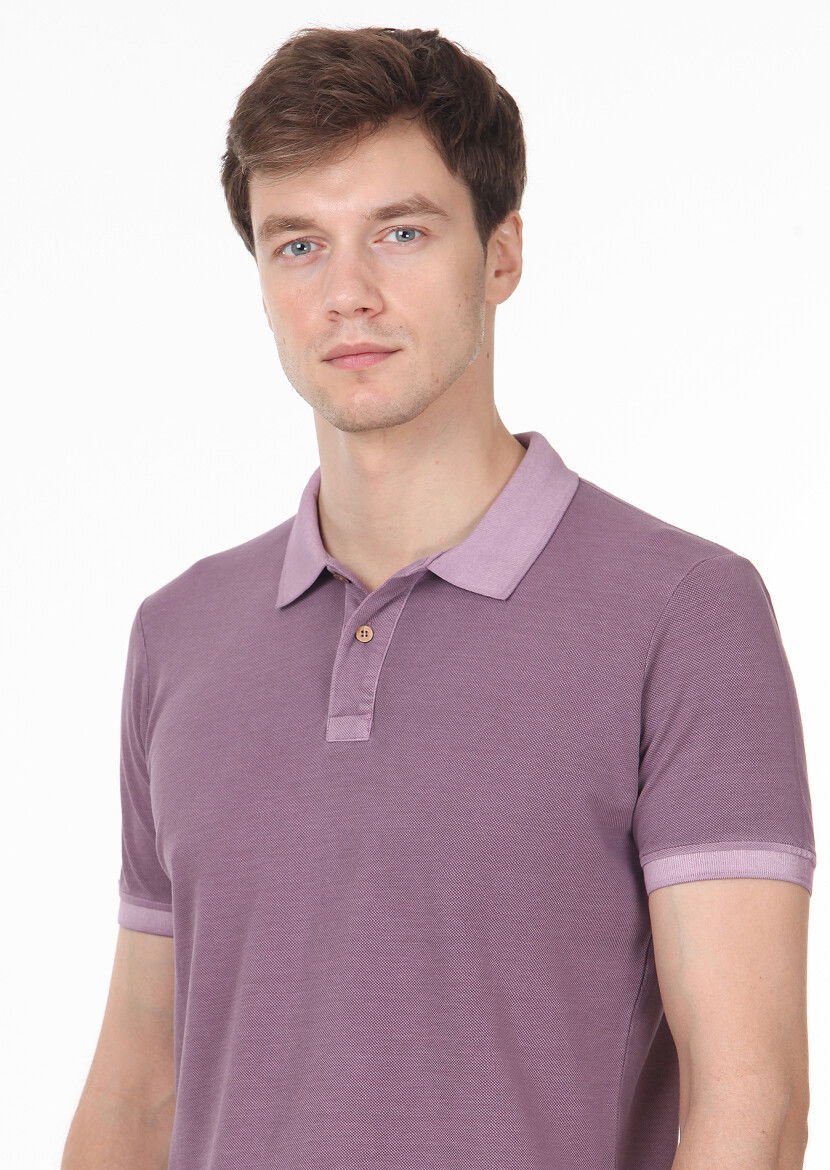 Lila Düz Polo Yaka %100 Pamuk T-Shirt - 2