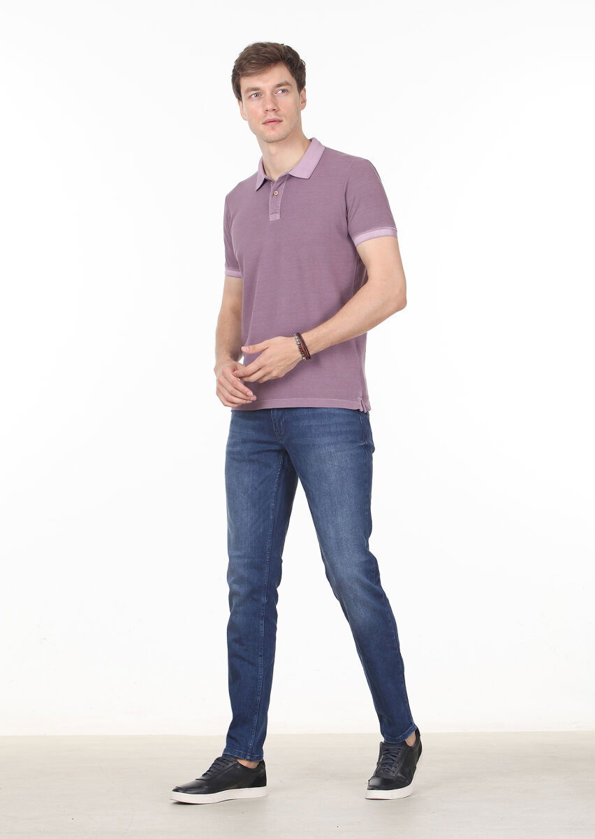 Lila Düz Polo Yaka %100 Pamuk T-Shirt - 3