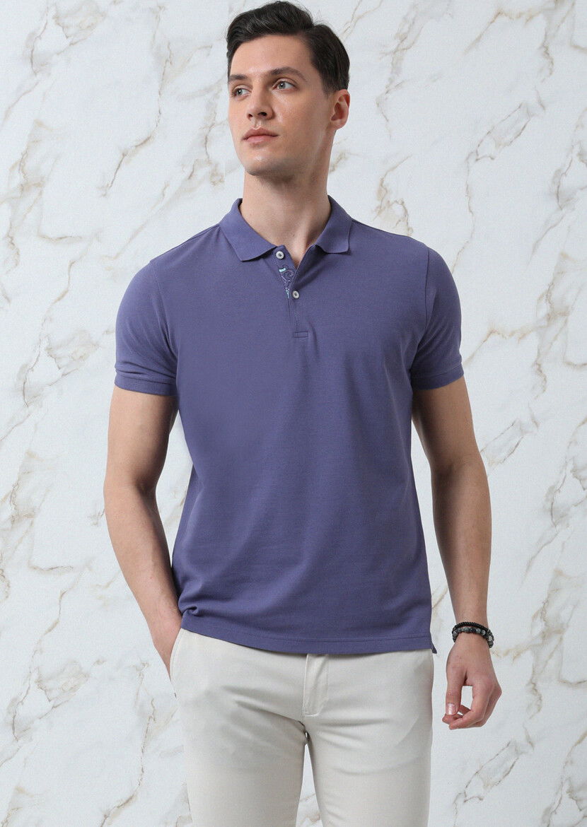 Lila Düz Polo Yaka %100 Pamuk T-Shirt 