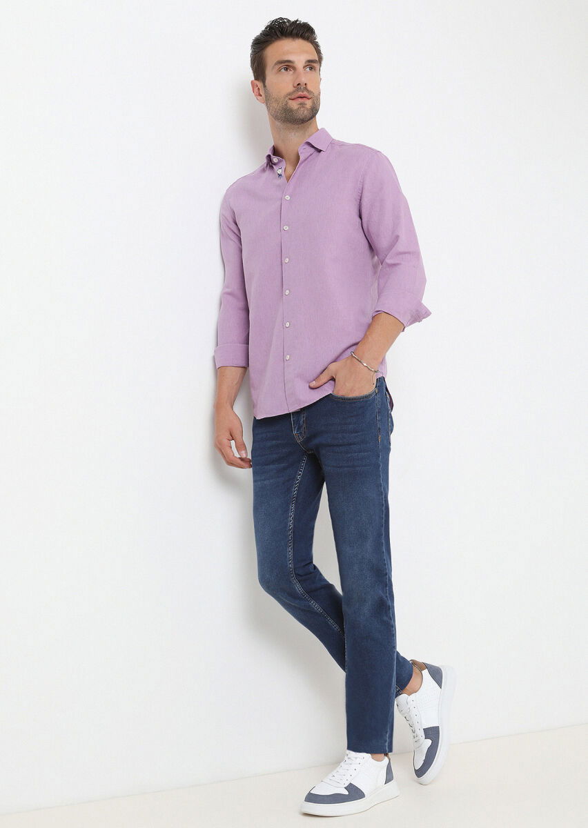 Lila Düz Regular Fit Dokuma Casual Pamuk Karışımlı Gömlek - 3