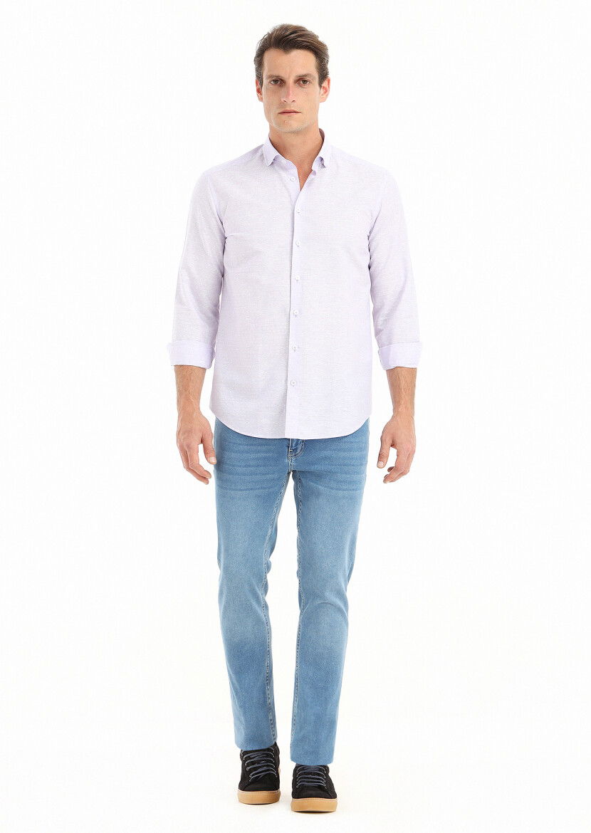 Lila Mikro Regular Fit Dokuma Casual Pamuk Karışımlı Gömlek 