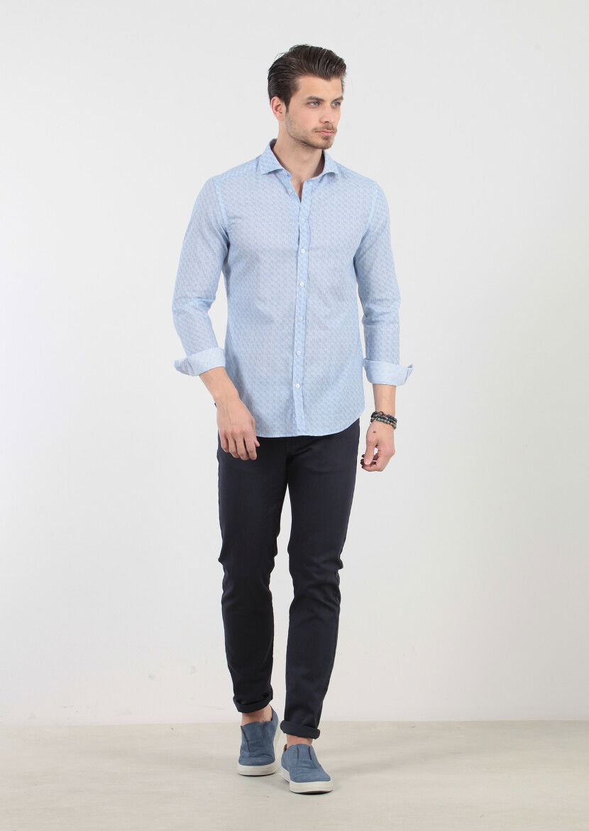Mavi Baskılı Fitted Fit Dokuma Casual %100 Pamuk Gömlek - 1