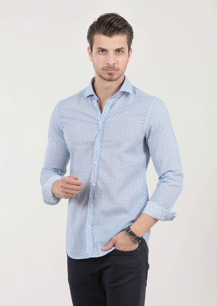 Mavi Baskılı Fitted Fit Dokuma Casual %100 Pamuk Gömlek - 3