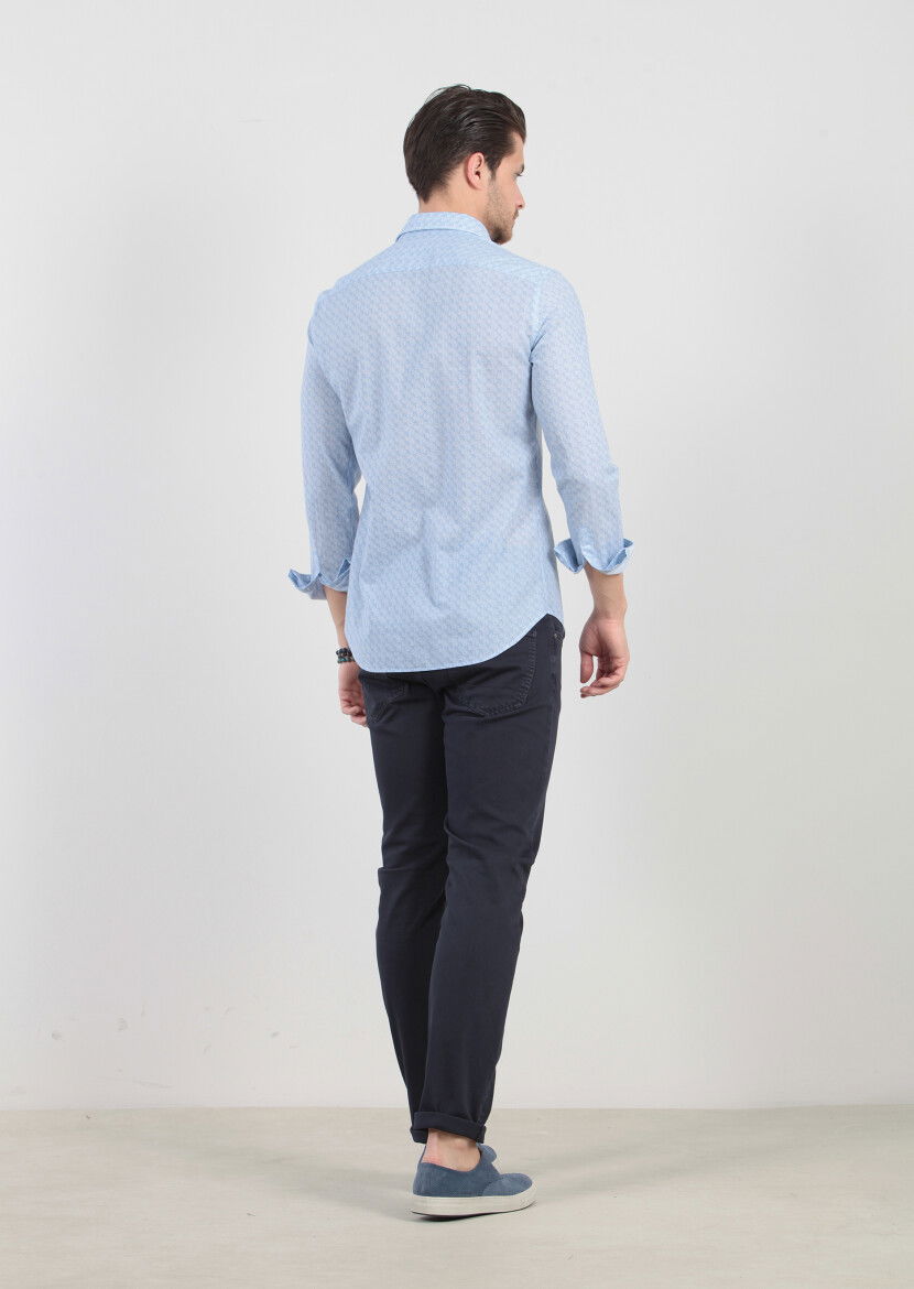 Mavi Baskılı Fitted Fit Dokuma Casual %100 Pamuk Gömlek - 5