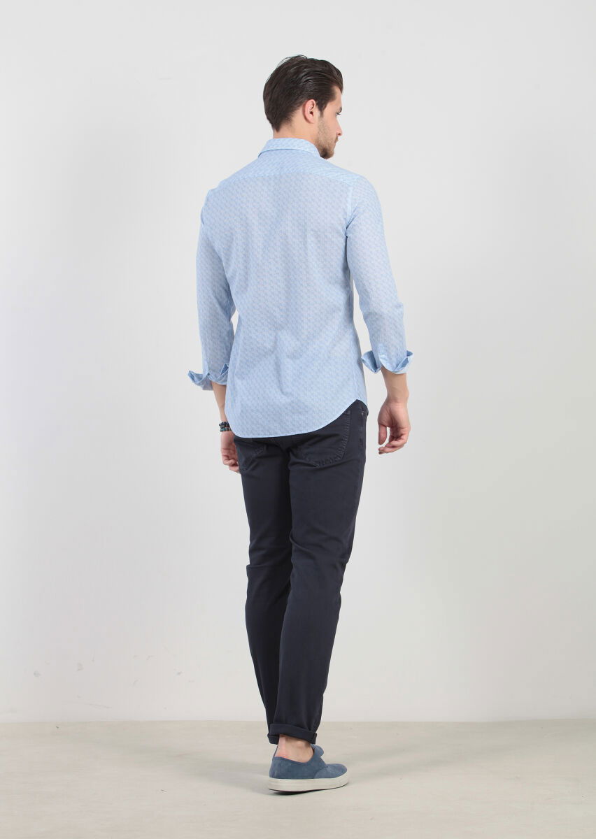 Mavi Baskılı Fitted Fit Dokuma Casual %100 Pamuk Gömlek - 5