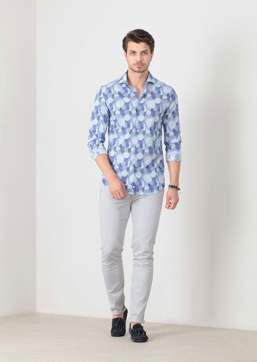 Mavi Baskılı Fitted Fit Dokuma Casual %100 Pamuk Gömlek - 1