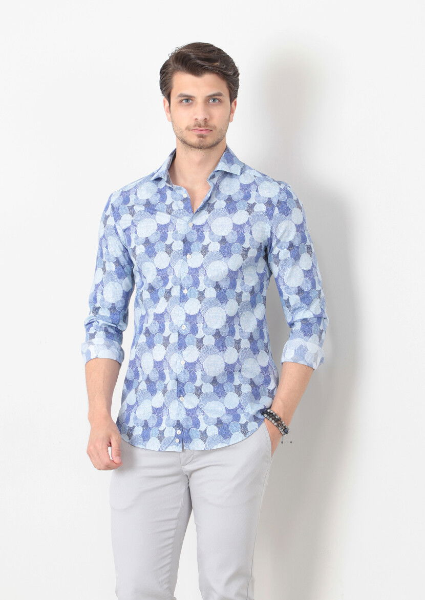 Mavi Baskılı Fitted Fit Dokuma Casual %100 Pamuk Gömlek - 3