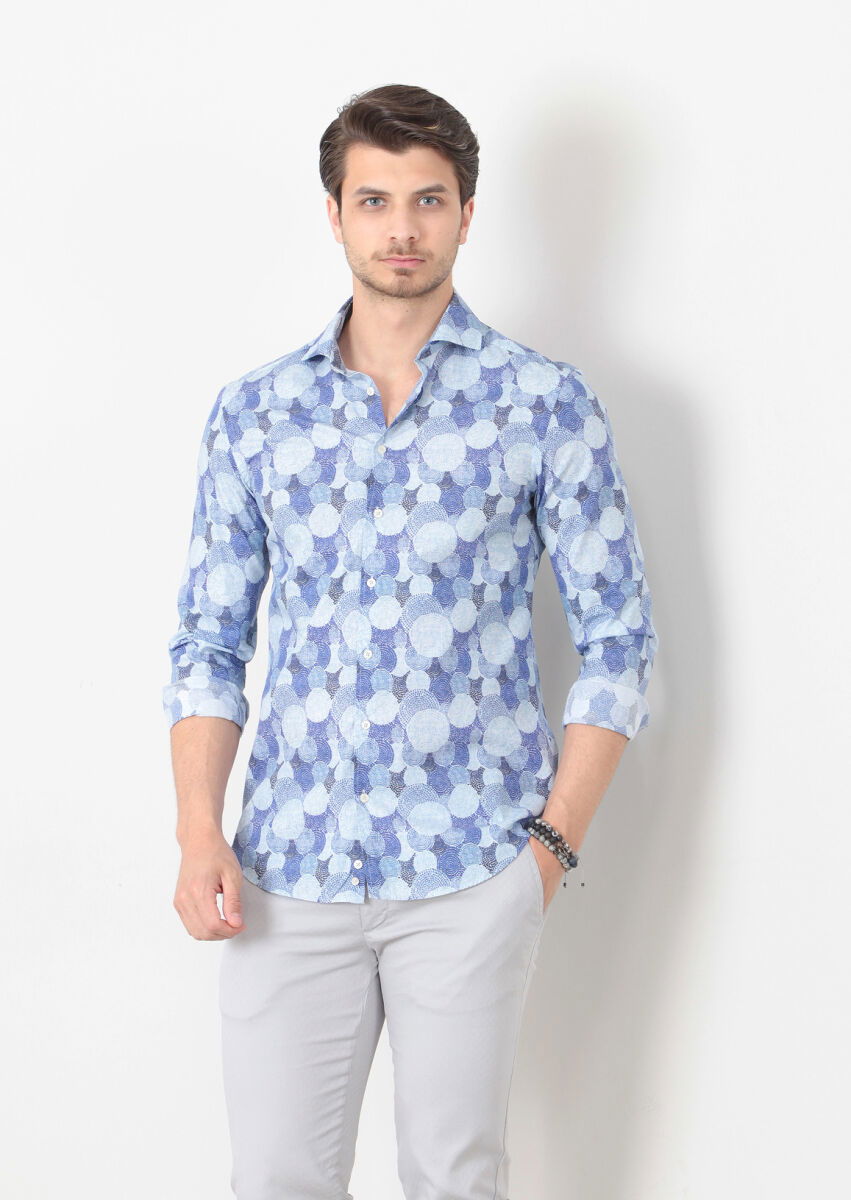 Mavi Baskılı Fitted Fit Dokuma Casual %100 Pamuk Gömlek - 3