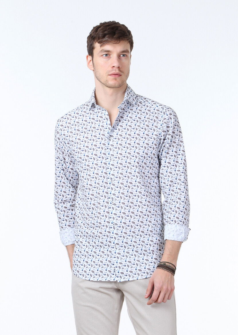 Mavi Baskılı Regular Fit Dokuma Casual %100 Pamuk Gömlek - 1