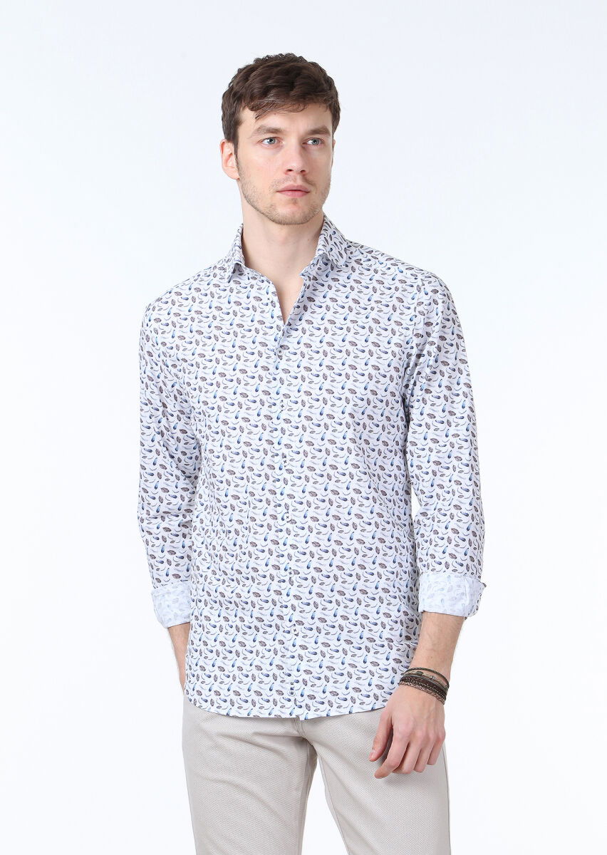 Mavi Baskılı Regular Fit Dokuma Casual %100 Pamuk Gömlek - 1
