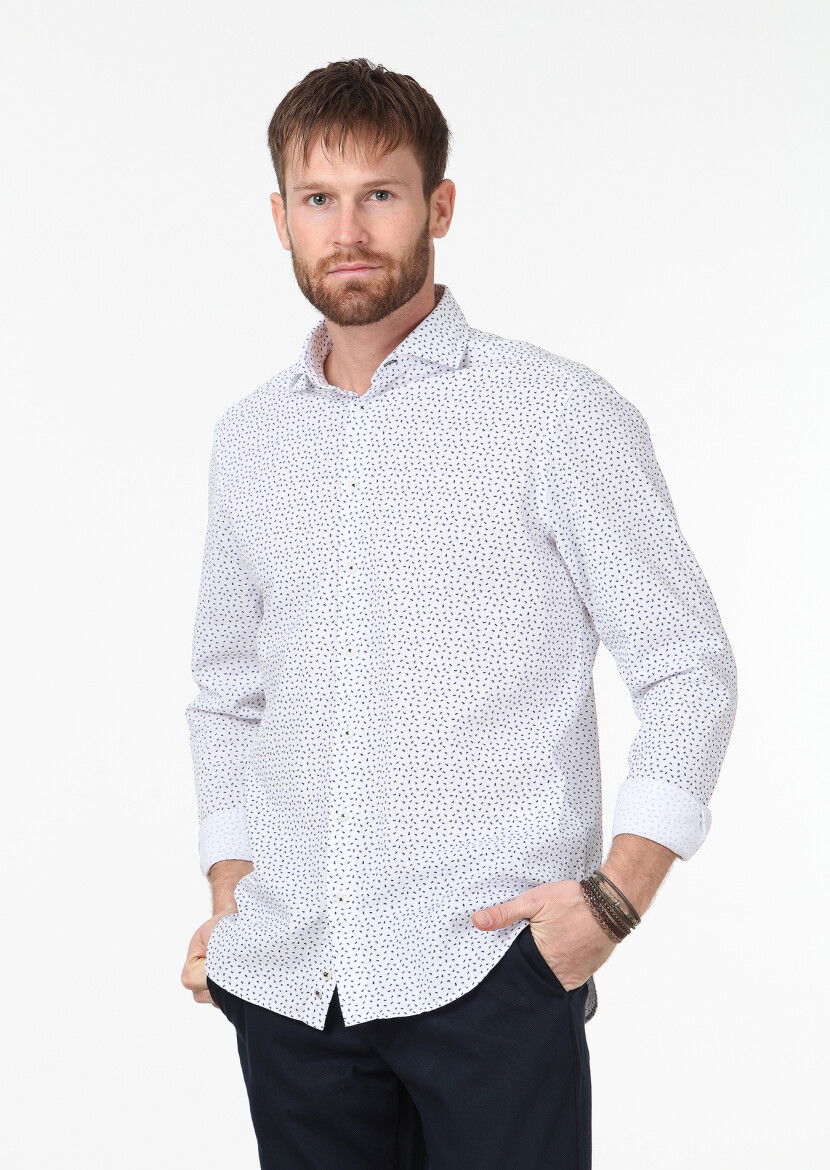 Mavi Baskılı Regular Fit Dokuma Casual %100 Pamuk Gömlek 