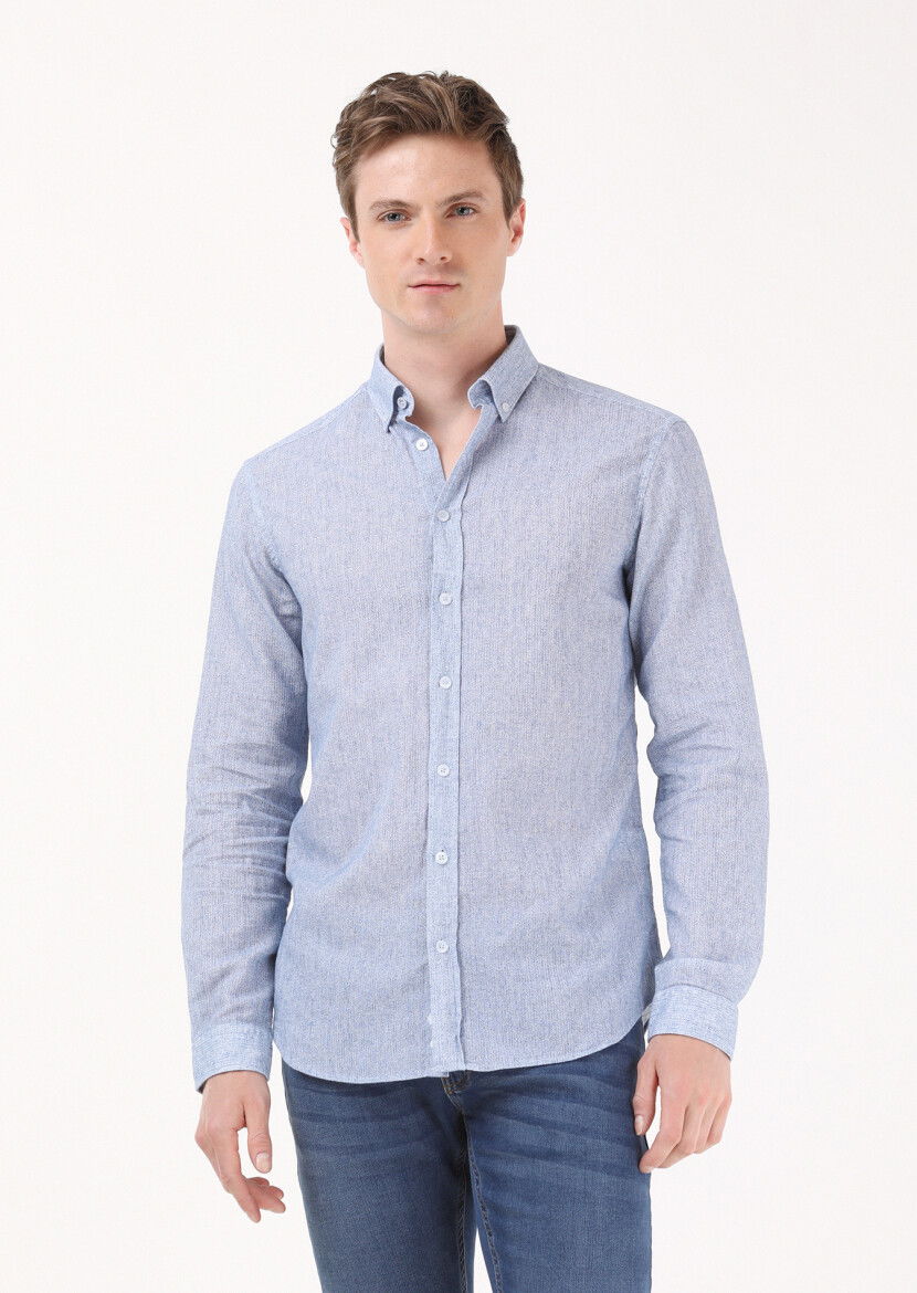 Mavi Baskılı Regular Fit Dokuma Casual Pamuk Karışımlı Gömlek - 1