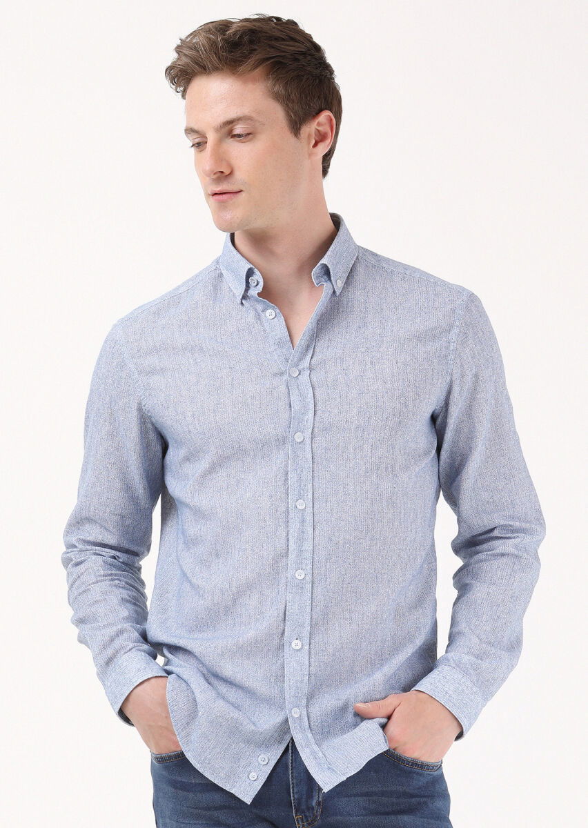 Mavi Baskılı Regular Fit Dokuma Casual Pamuk Karışımlı Gömlek - 3