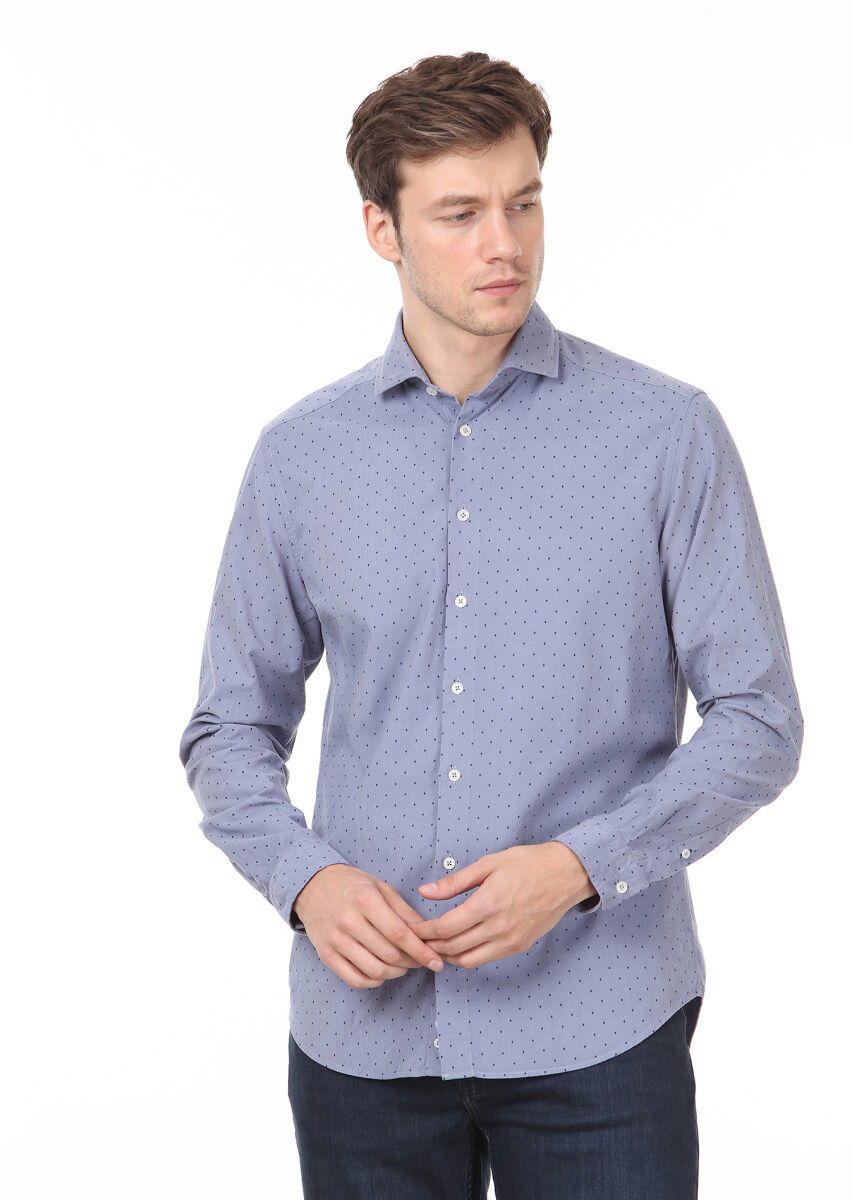 Mavi Baskılı Regular Fit Dokuma Kadife Casual %100 Pamuk Gömlek - 1