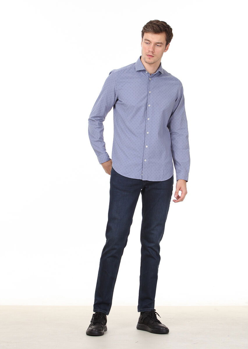 Mavi Baskılı Regular Fit Dokuma Kadife Casual %100 Pamuk Gömlek - 3