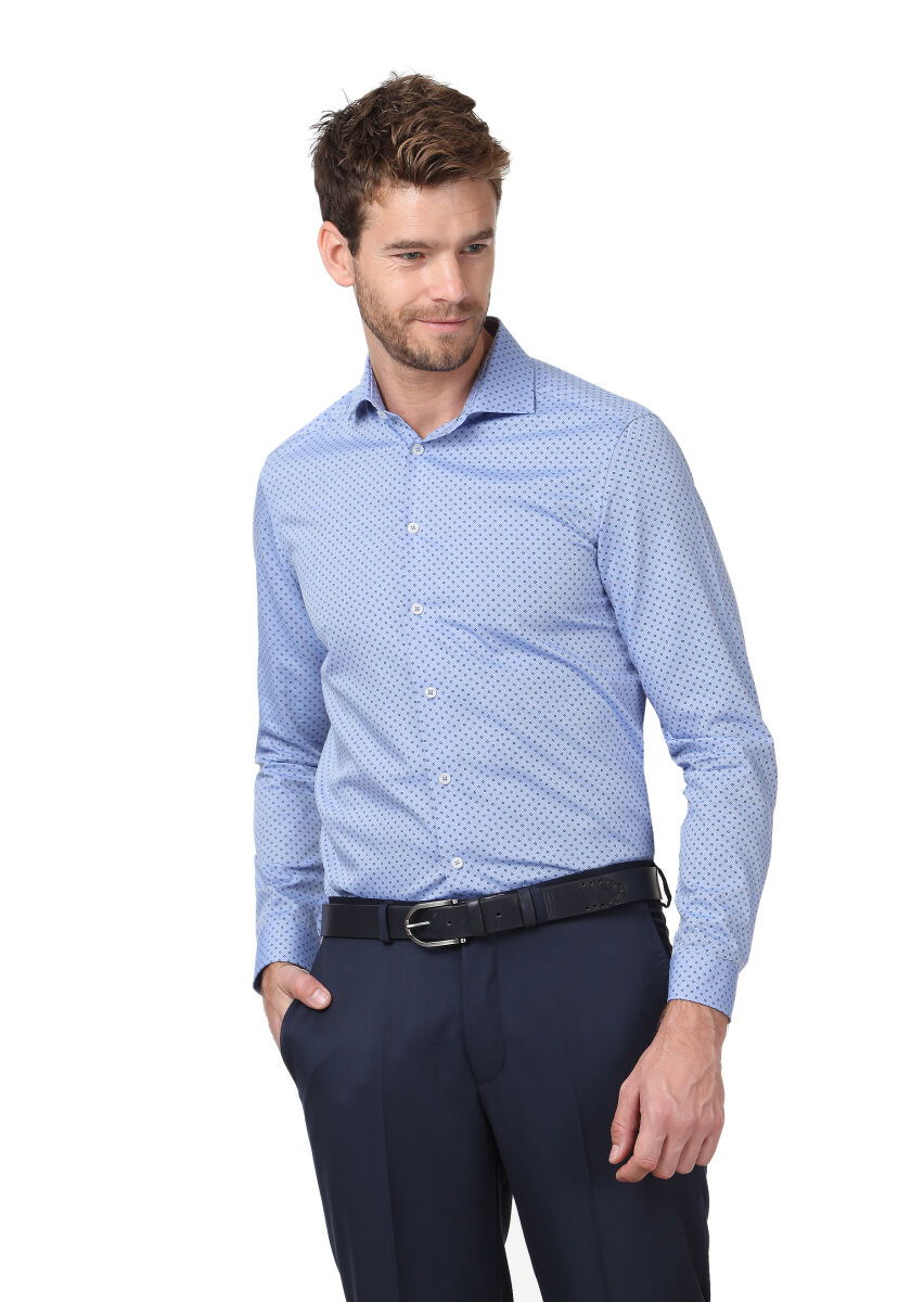 Mavi Baskılı Regular Fit Dokuma Klasik %100 Pamuk Gömlek - 1