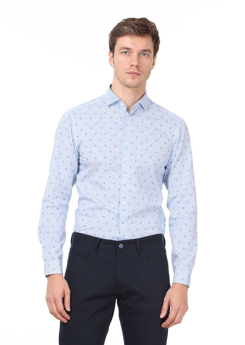 Mavi Baskılı Slim Fit Dokuma Casual %100 Pamuk Gömlek - 1