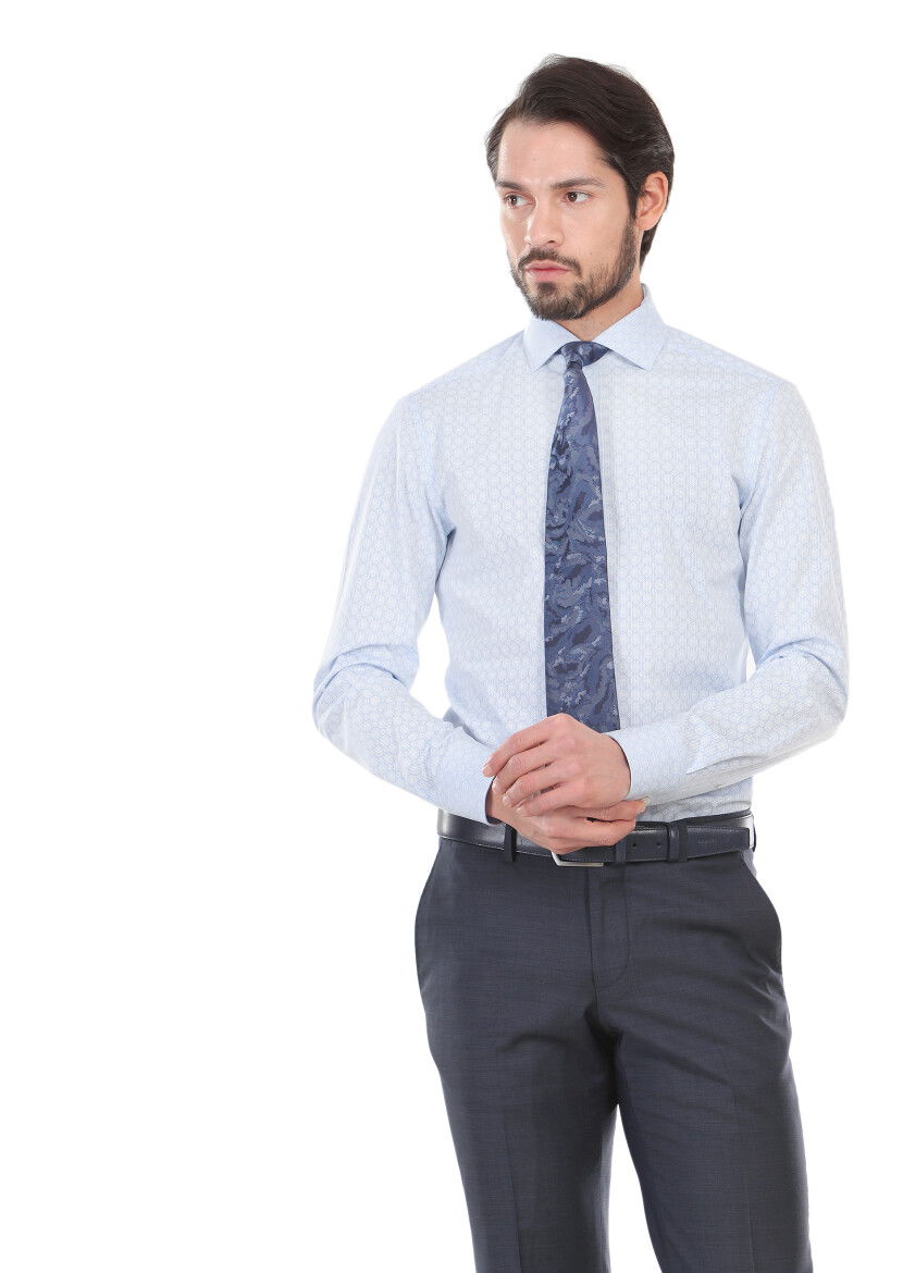 Mavi Baskılı Slim Fit Dokuma Klasik %100 Pamuk Gömlek 