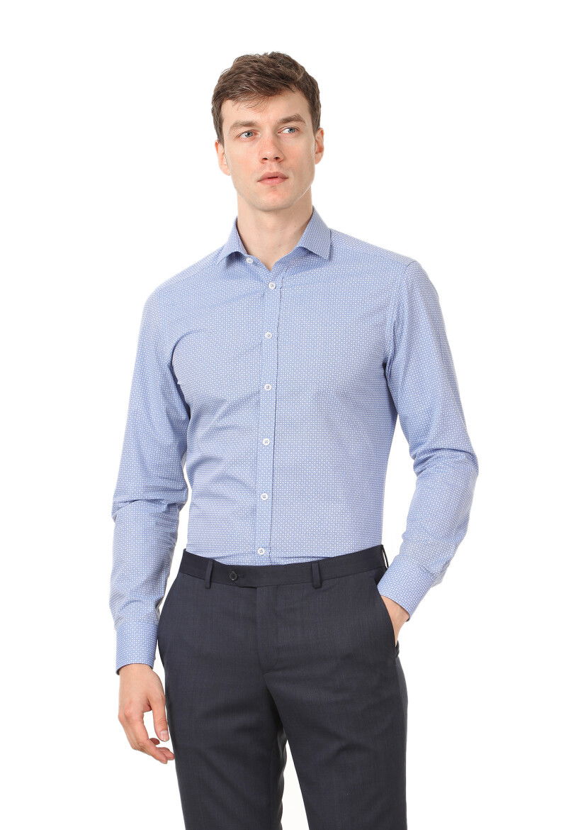 Mavi Baskılı Slim Fit Dokuma Klasik %100 Pamuk Gömlek 