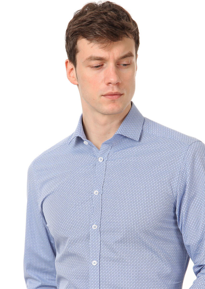 Mavi Baskılı Slim Fit Dokuma Klasik %100 Pamuk Gömlek - 2