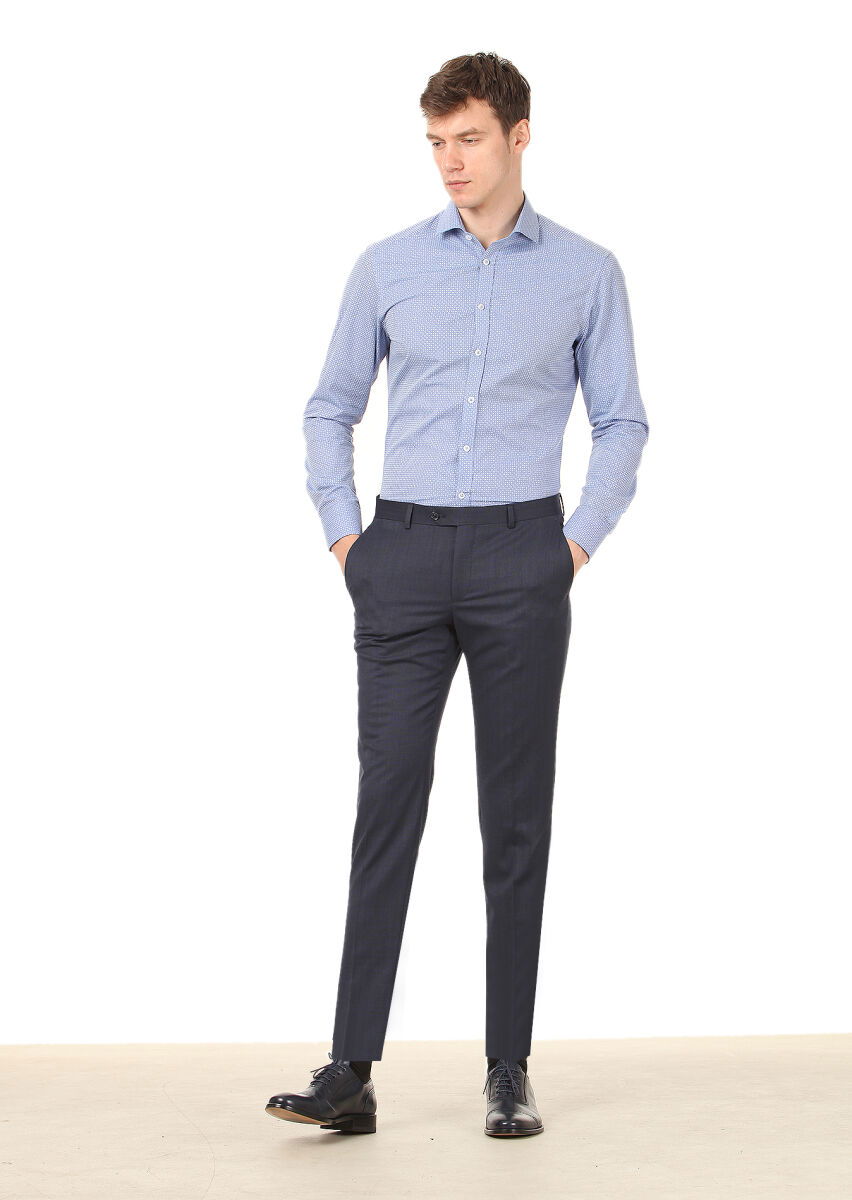 Mavi Baskılı Slim Fit Dokuma Klasik %100 Pamuk Gömlek - 3