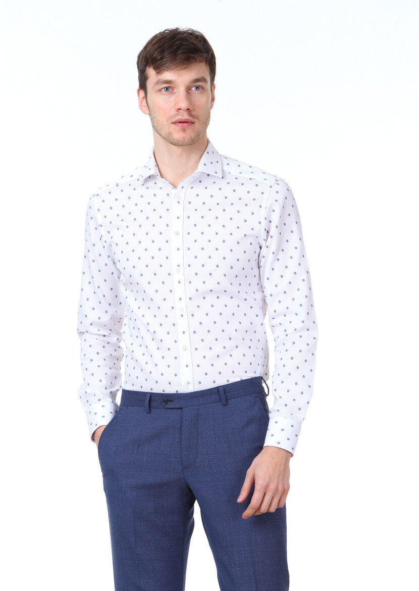 Mavi Baskılı Slim Fit Dokuma Klasik %100 Pamuk Gömlek - 1