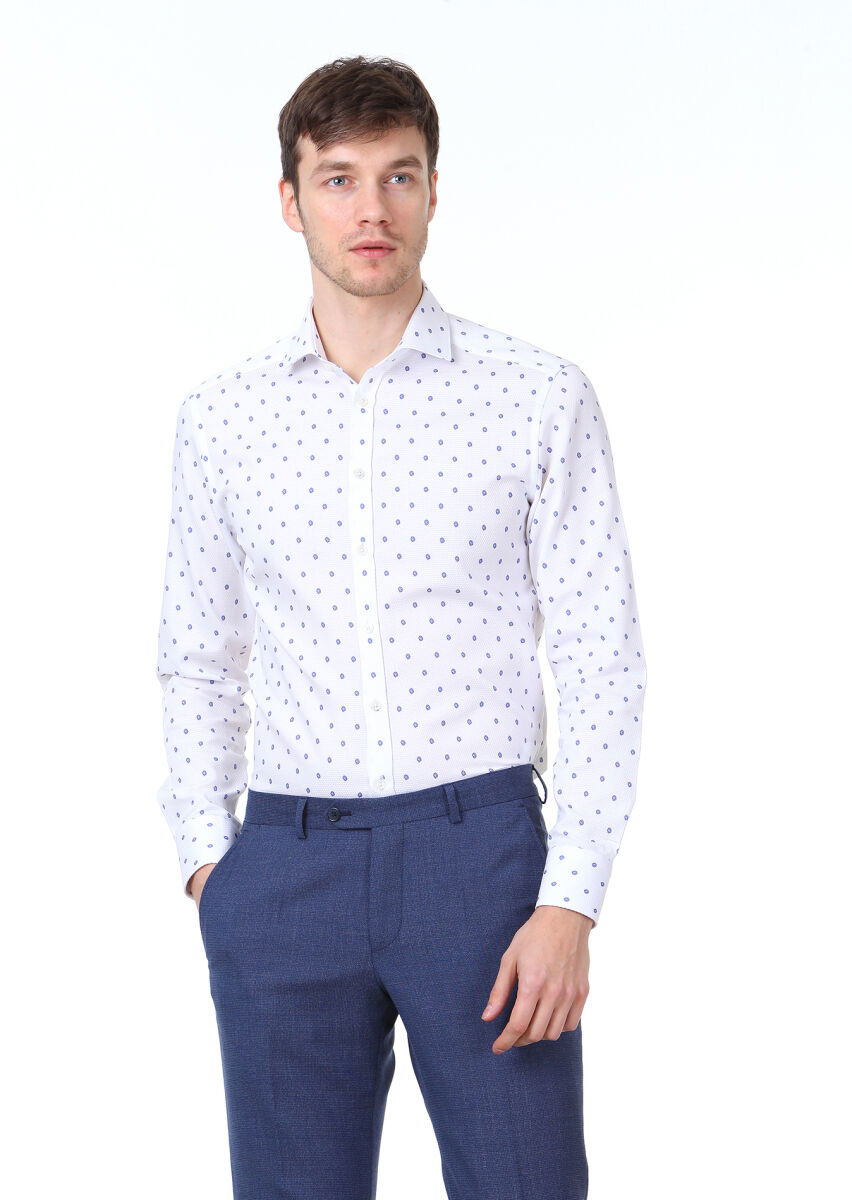 Mavi Baskılı Slim Fit Dokuma Klasik %100 Pamuk Gömlek - 1