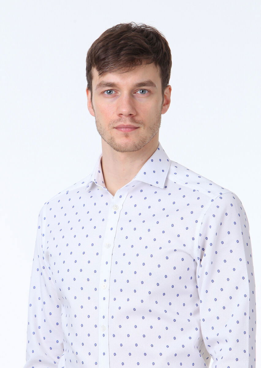Mavi Baskılı Slim Fit Dokuma Klasik %100 Pamuk Gömlek - 3